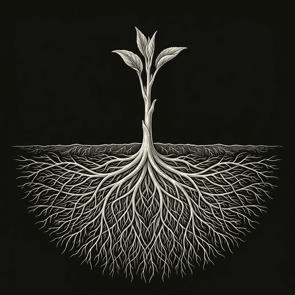 Plant stem with leaves rising above a soil line, extensive root network spreading below — the Mycel figure mark
